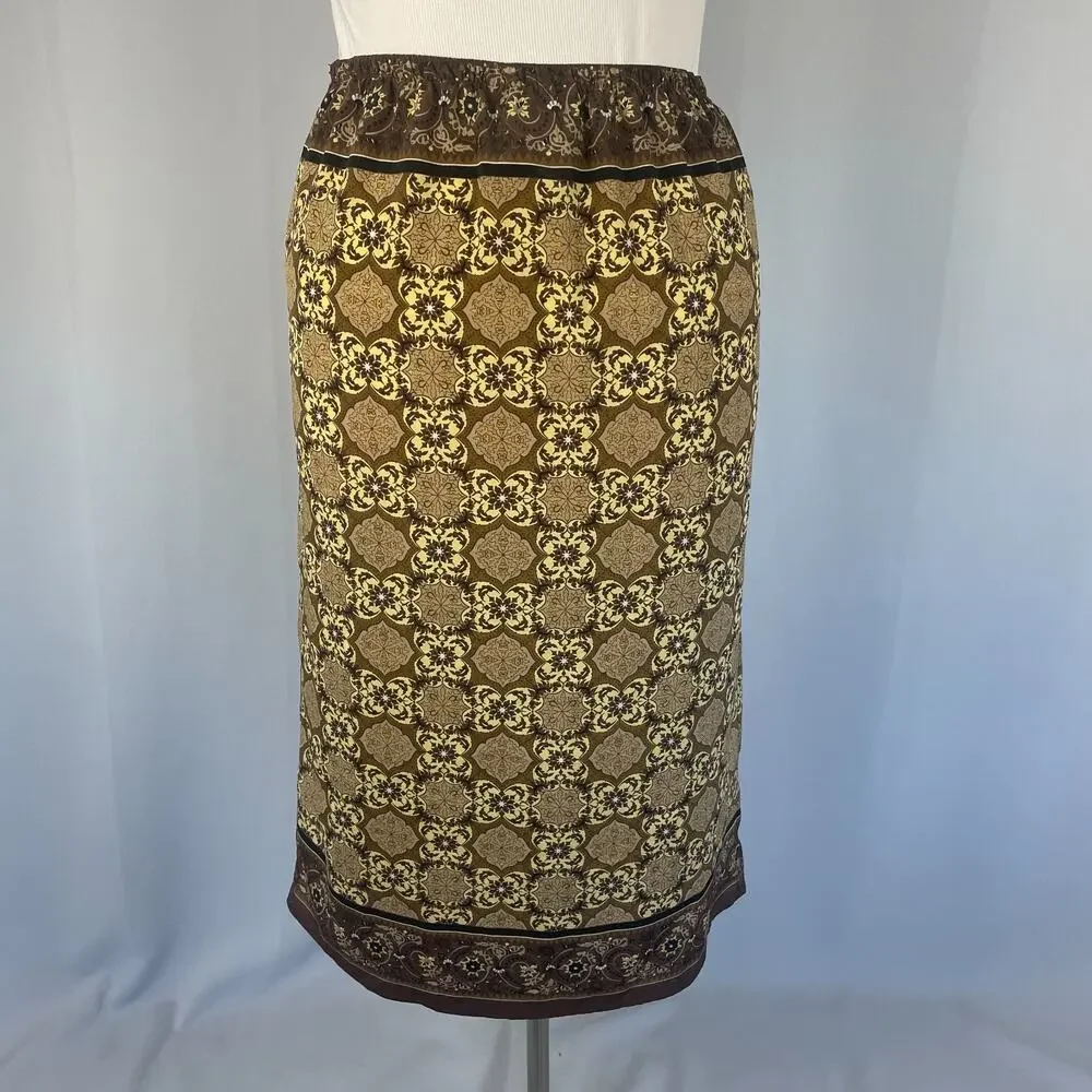 Y2K Midi Skirt Size 14 Brown Medallion Scarf Print Faux Wrap Column Boho Vtg 90s
